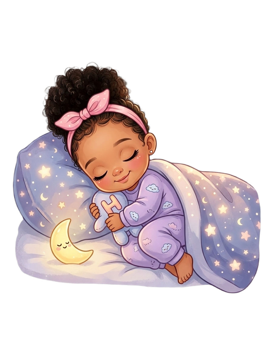 Cute Sleeping Black Baby Girl PNG, Sweet Dreams Bedtime Clipart, Custom Monogram Initial H, Starry Night Pajamas Decal, Sleepy Nursery Art, Digital Download