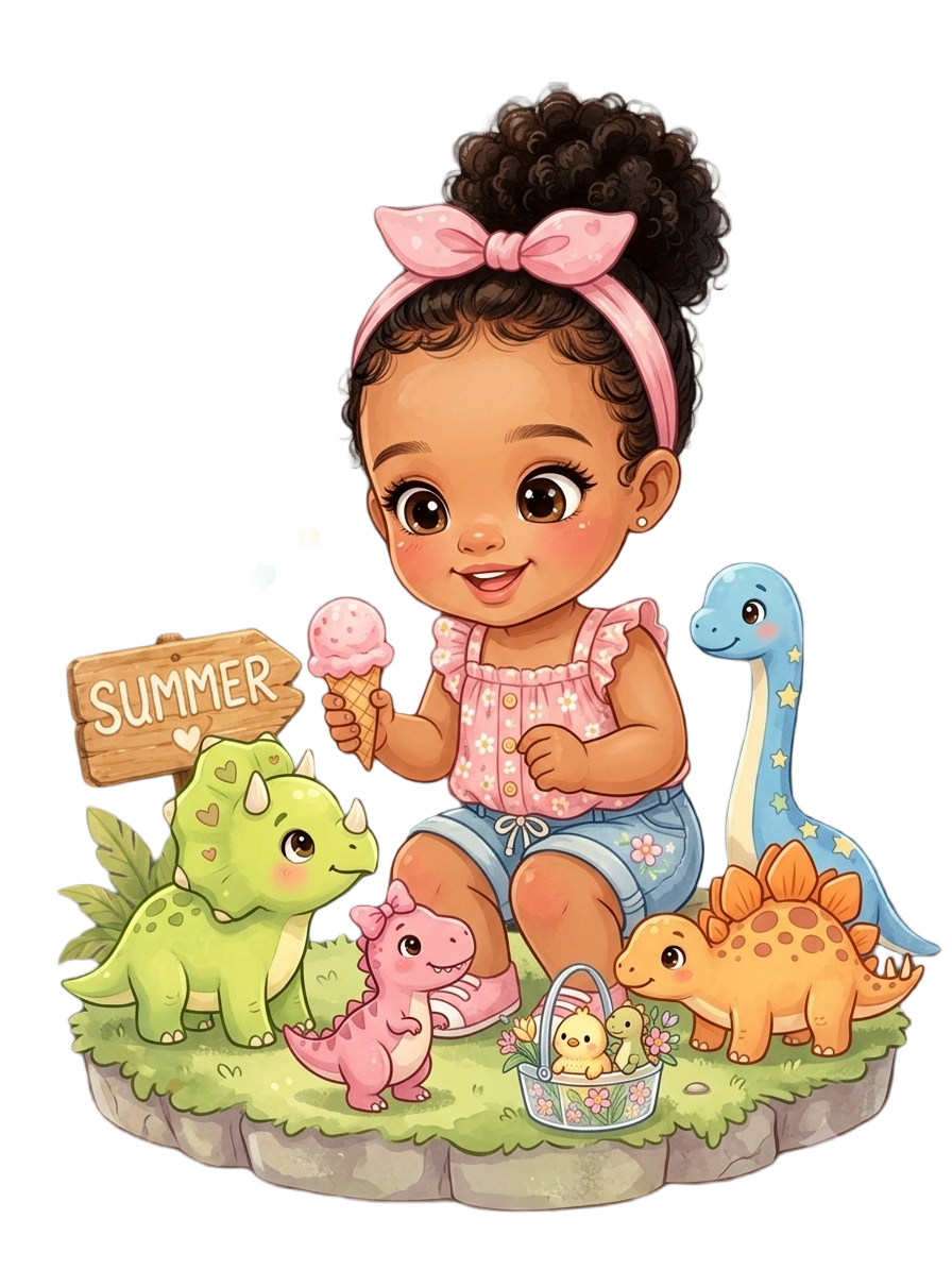 Cute Black Girl Dinosaur Sticker PNG, Summer Vacation Clipart, Sweet Dino Friends Sublimation, Ice Cream Decal, Kids Triceratops PNG, Digital Download