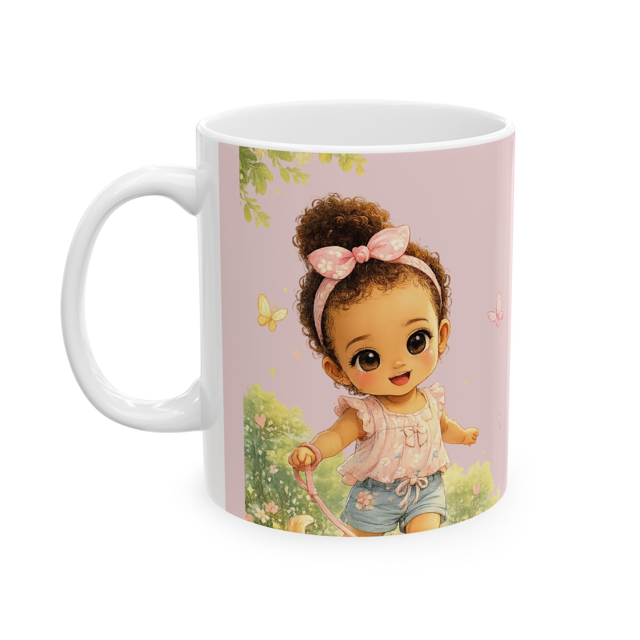 Pink Floral Girl Illustration Mug — Cute Vintage Garden Ceramic Coffee Cup (11oz, 15oz)
