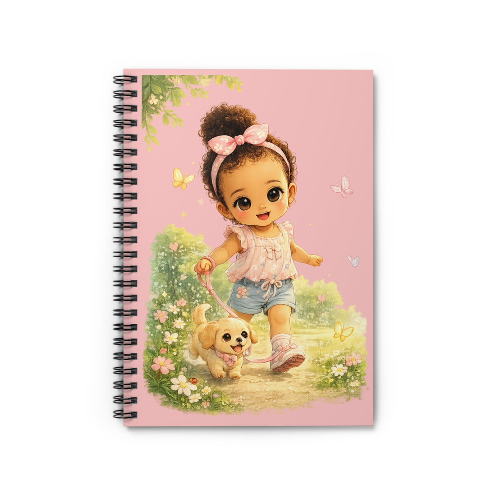 Cute Girl Walking Puppy Spiral Notebook — Pink Ruled Journal for Kids