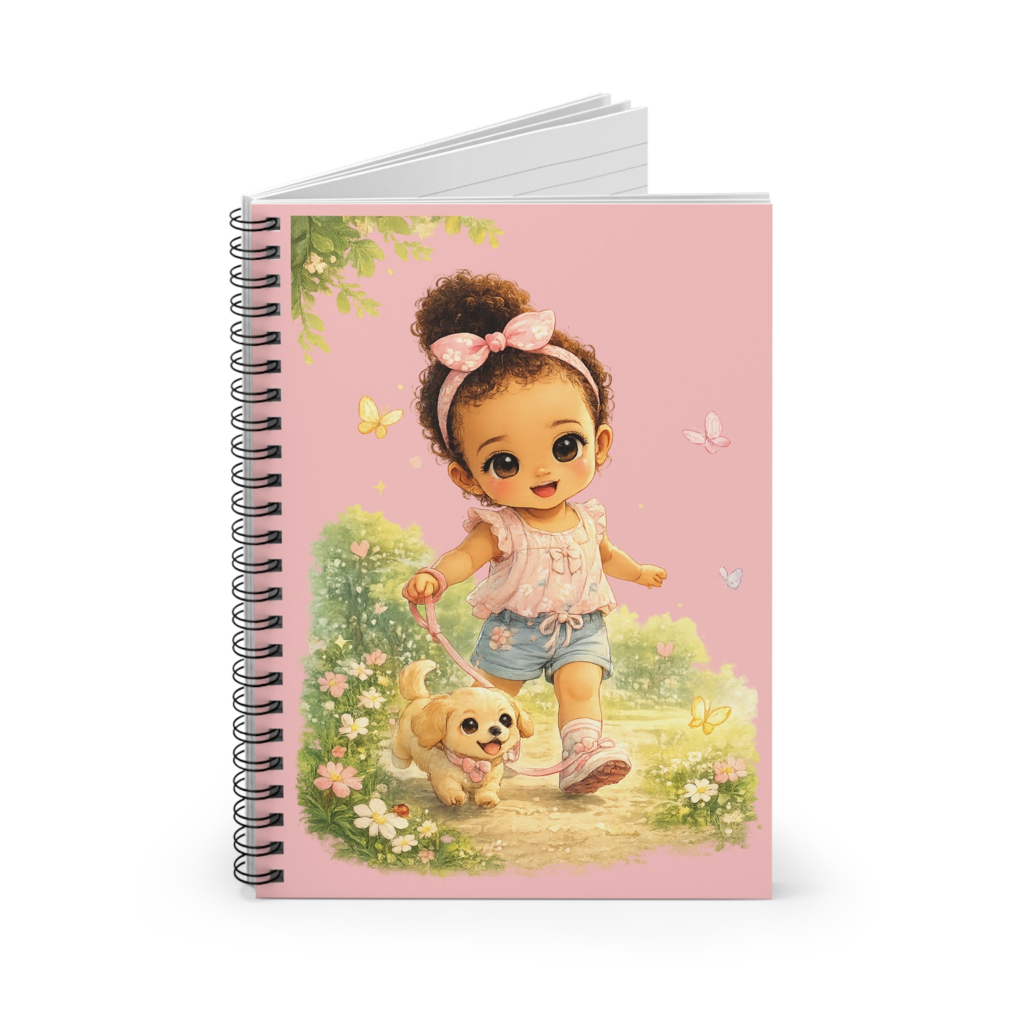 Cute Girl Walking Puppy Spiral Notebook — Pink Ruled Journal for Kids