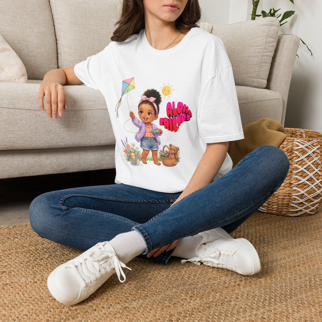 Aloha Girl Kids T-Shirt — Cute Little Girl Flying Kite Graphic Tee