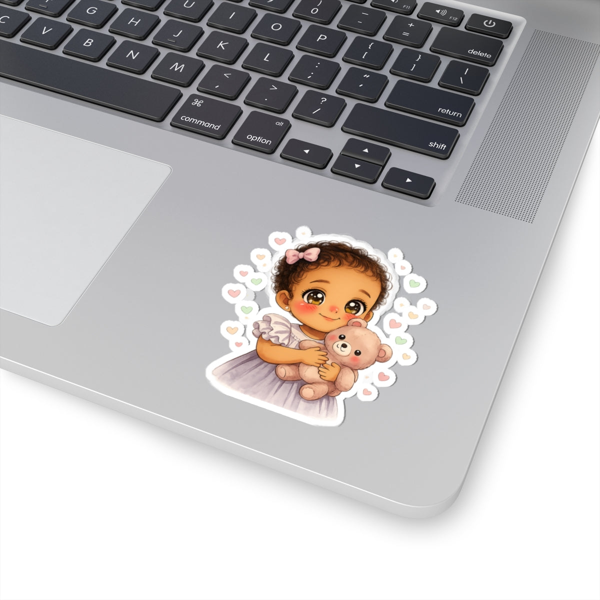 Cute Baby Girl with Teddy Bear Kiss-Cut Sticker — Adorable Nursery & Laptop Decal