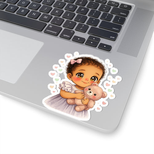 Cute Baby Girl with Teddy Bear Kiss-Cut Sticker — Adorable Nursery & Laptop Decal