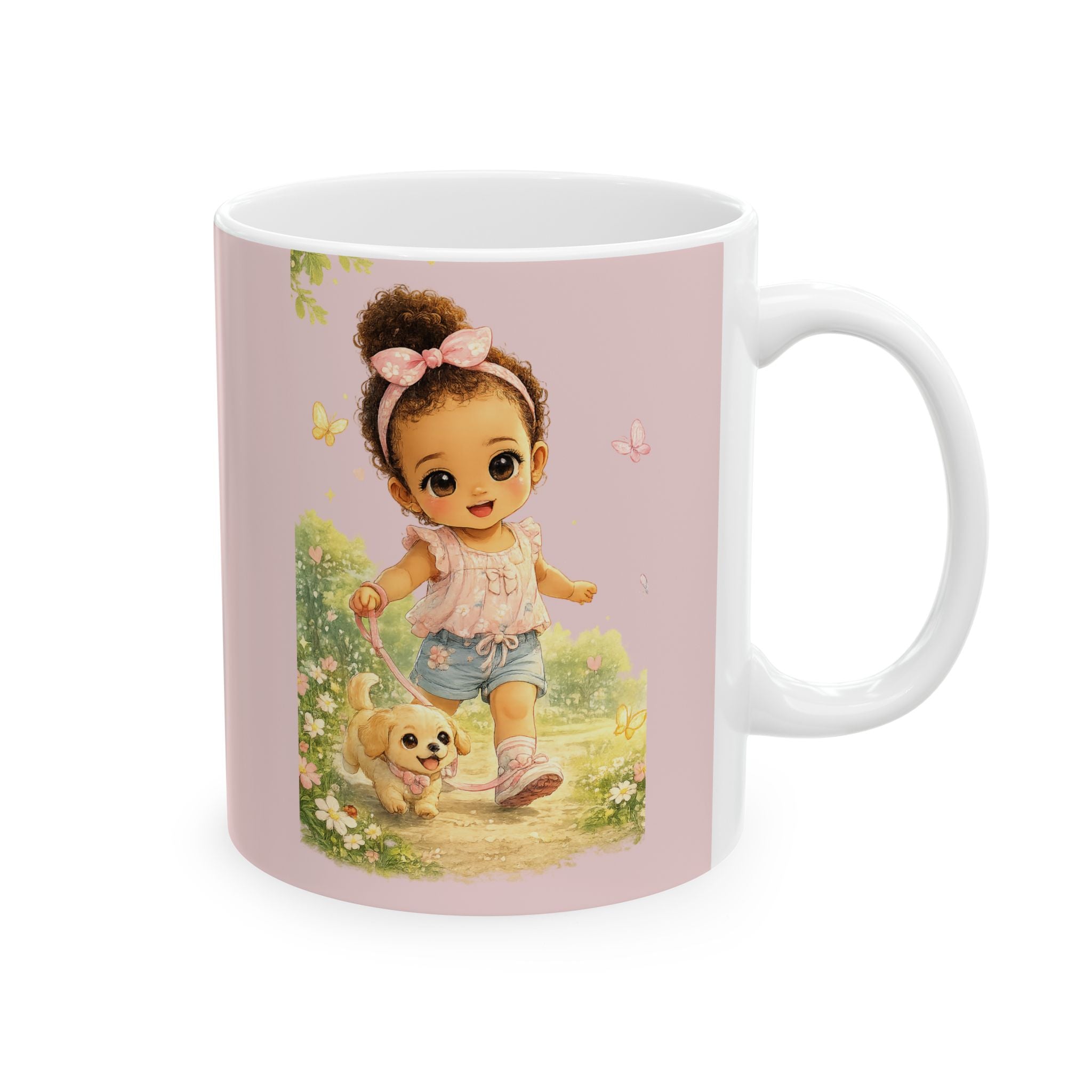 Pink Floral Girl Illustration Mug — Cute Vintage Garden Ceramic Coffee Cup (11oz, 15oz)