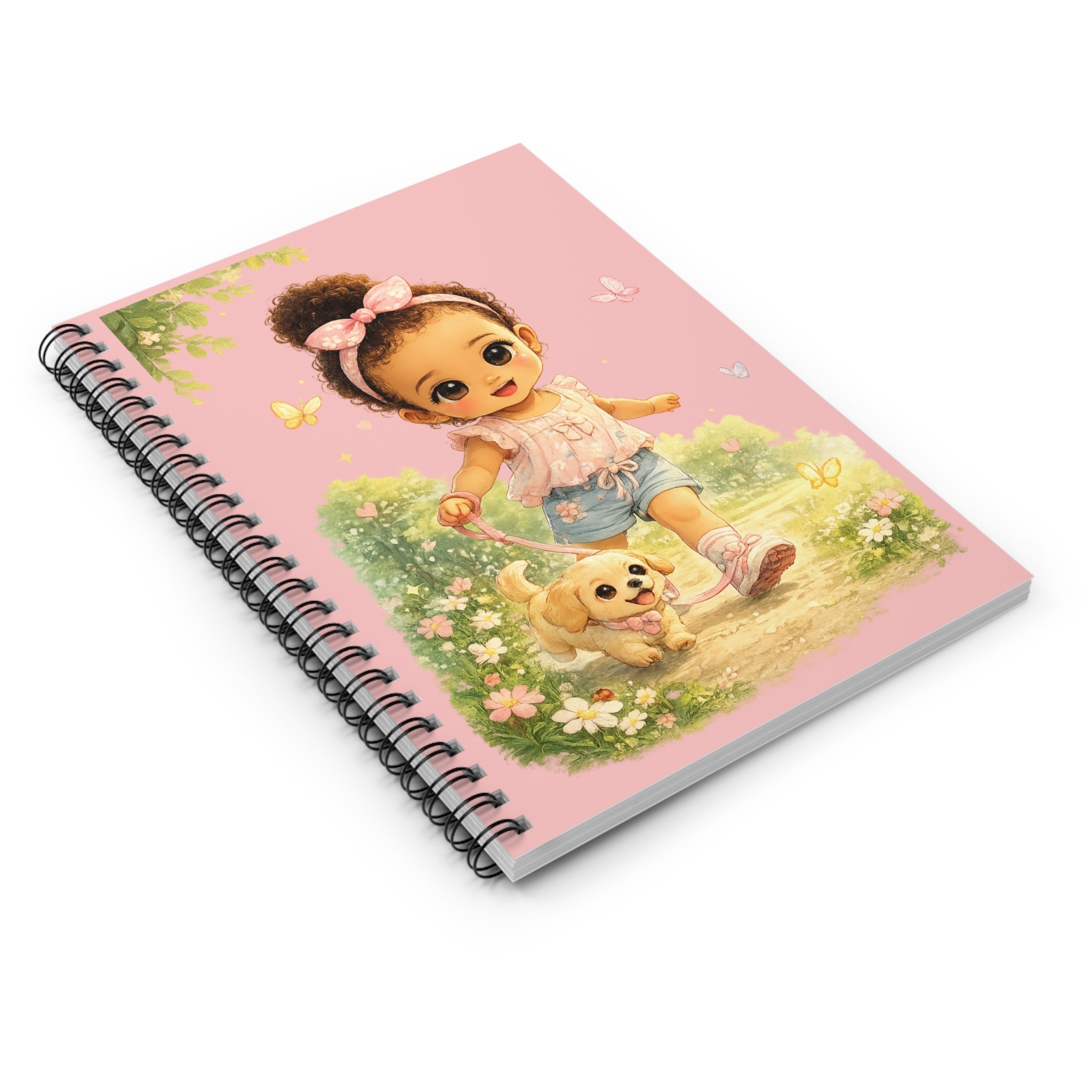 Cute Girl Walking Puppy Spiral Notebook — Pink Ruled Journal for Kids
