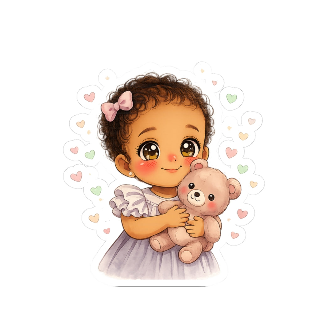 Cute Baby Girl with Teddy Bear Kiss-Cut Sticker — Adorable Nursery & Laptop Decal