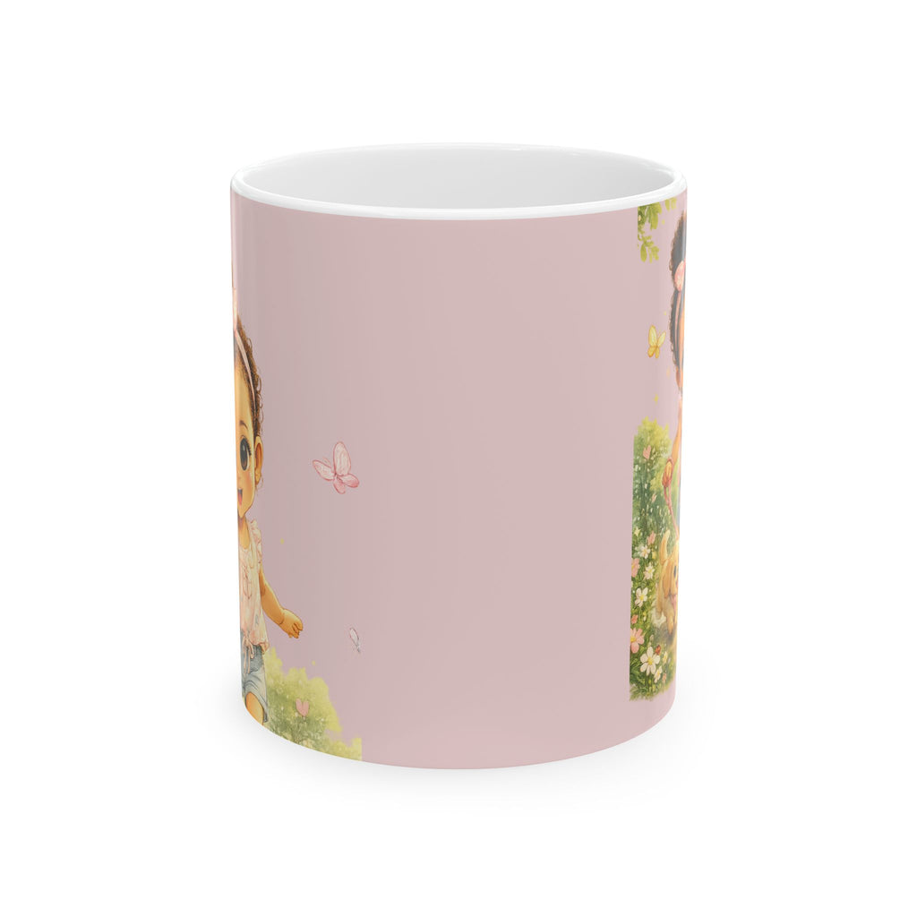 Pink Floral Girl Illustration Mug — Cute Vintage Garden Ceramic Coffee Cup (11oz, 15oz)