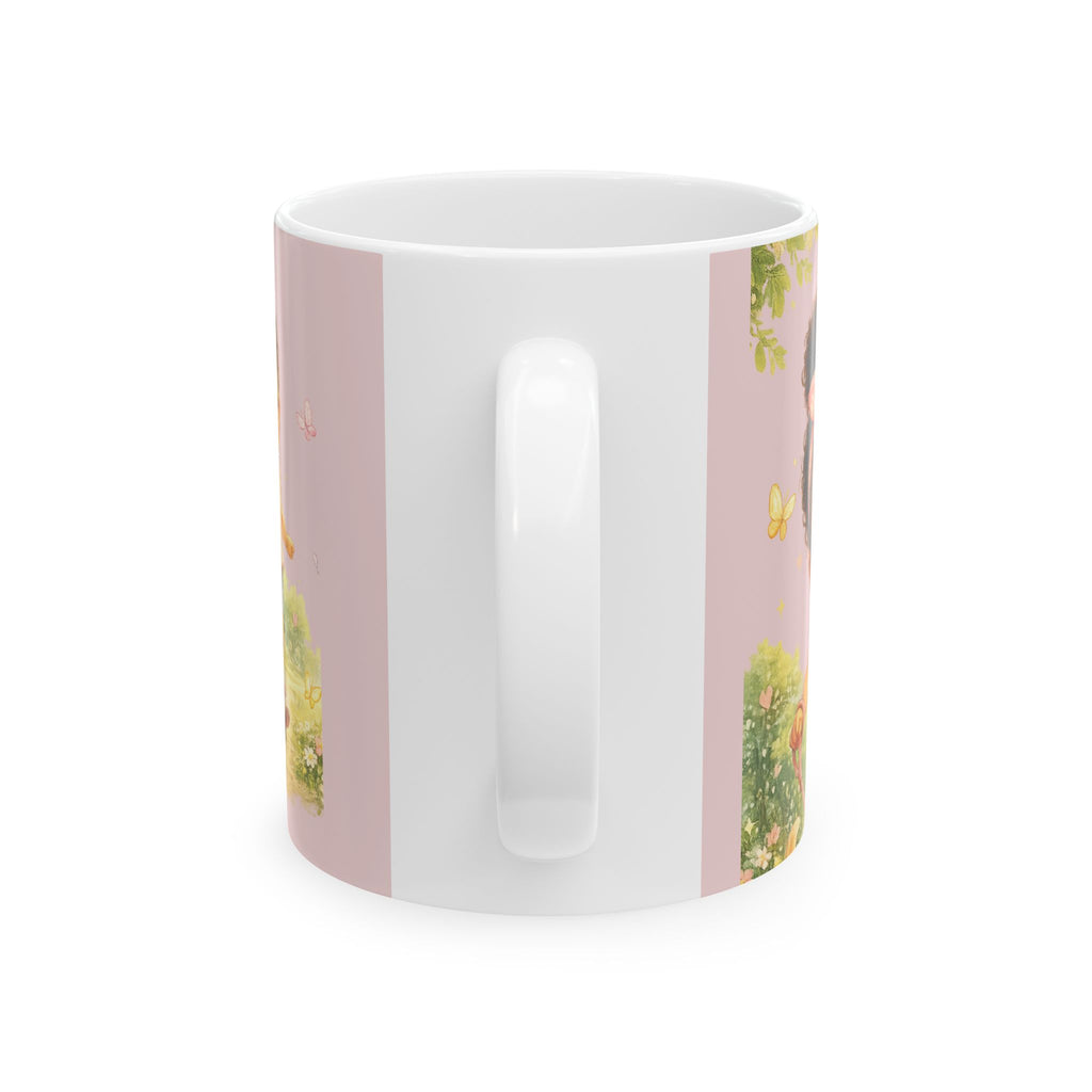 Pink Floral Girl Illustration Mug — Cute Vintage Garden Ceramic Coffee Cup (11oz, 15oz)