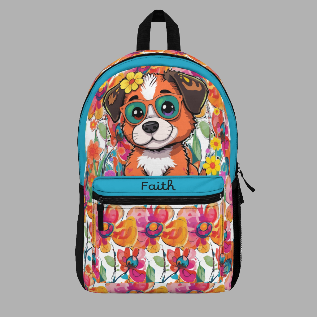 Whimsical Dog with Glasses Backpack, Cute Pet School Bag, Floral Cartoon Rucksack, Kids Dog Lover Gift, Stylish Travel Backpack